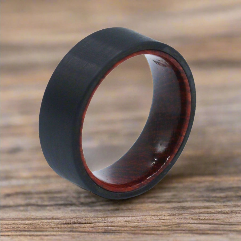 Tungsten Ring, 7mm wide, black tungsten with  wood inlay