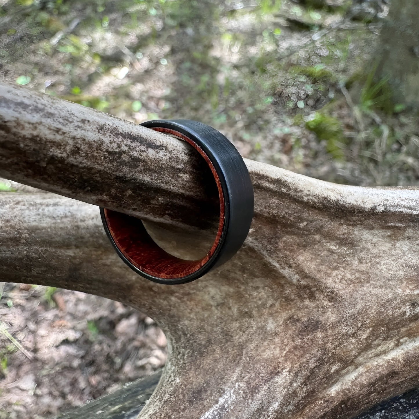 Tungsten Ring, 7mm wide, black tungsten with  wood inlay