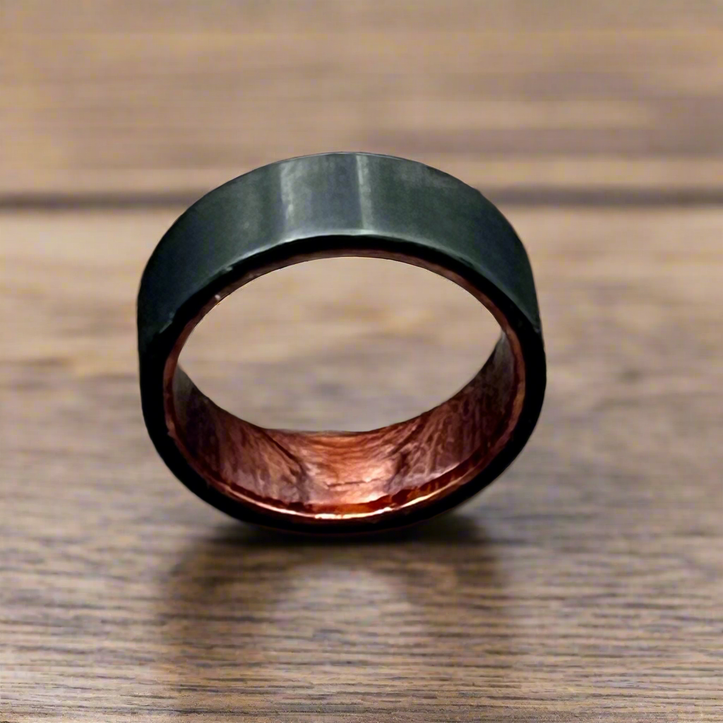 Tungsten Ring, 7mm wide, black tungsten with  wood inlay