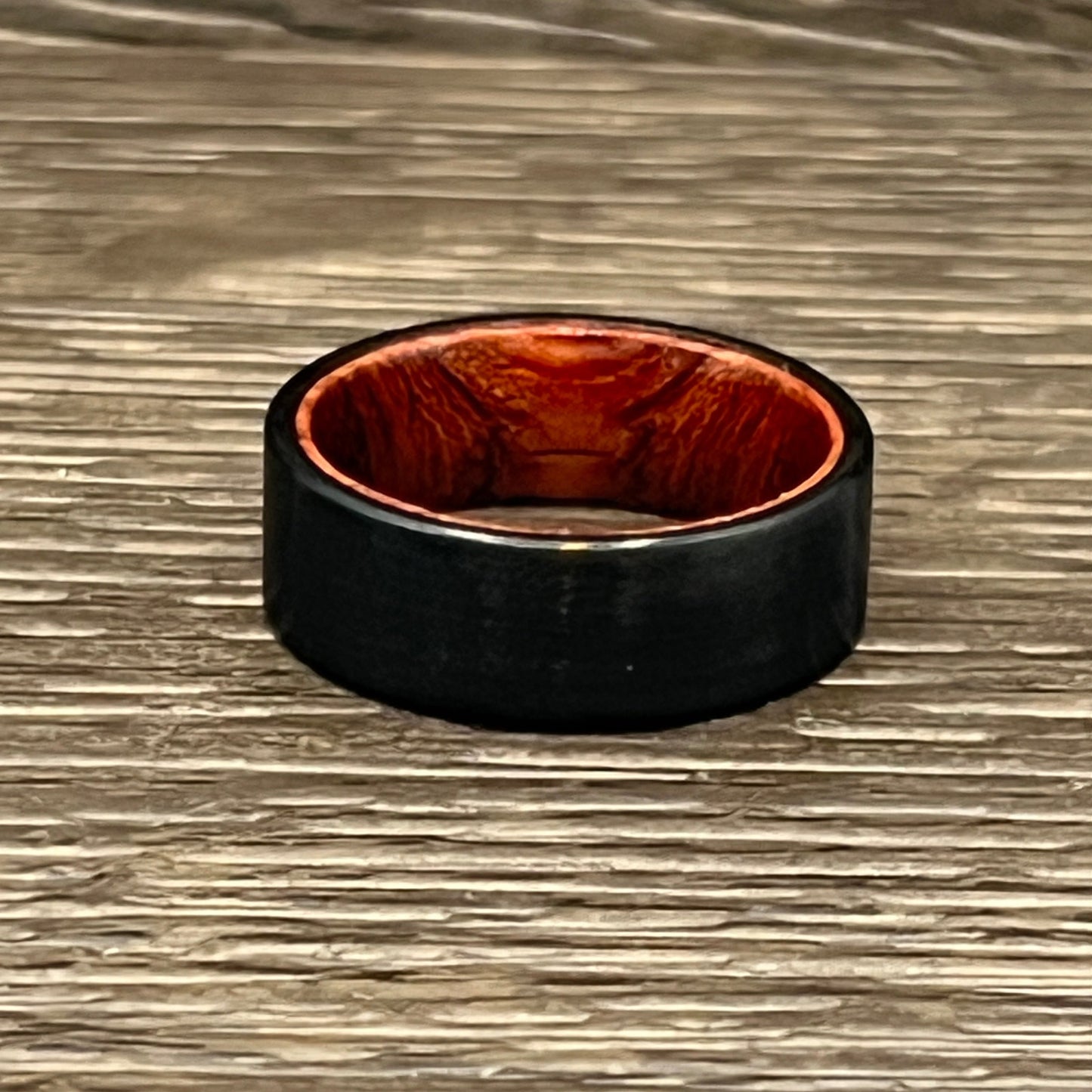 Tungsten Ring, 7mm wide, black tungsten with  wood inlay