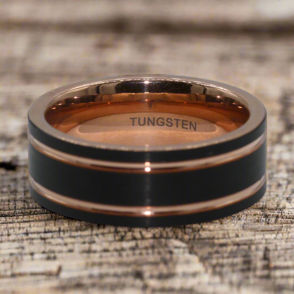 Tungsten Ring, 7mm wide, black tungsten a rose tungsten